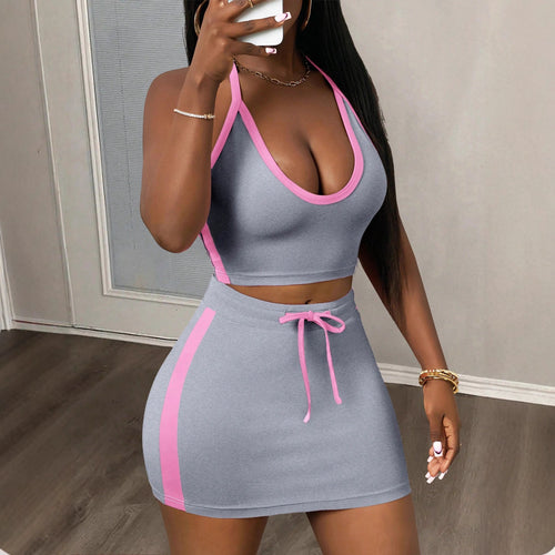 Color-Block Halterneck Lace-Up Backless Tank Top And Sheath Midi Skirt Set